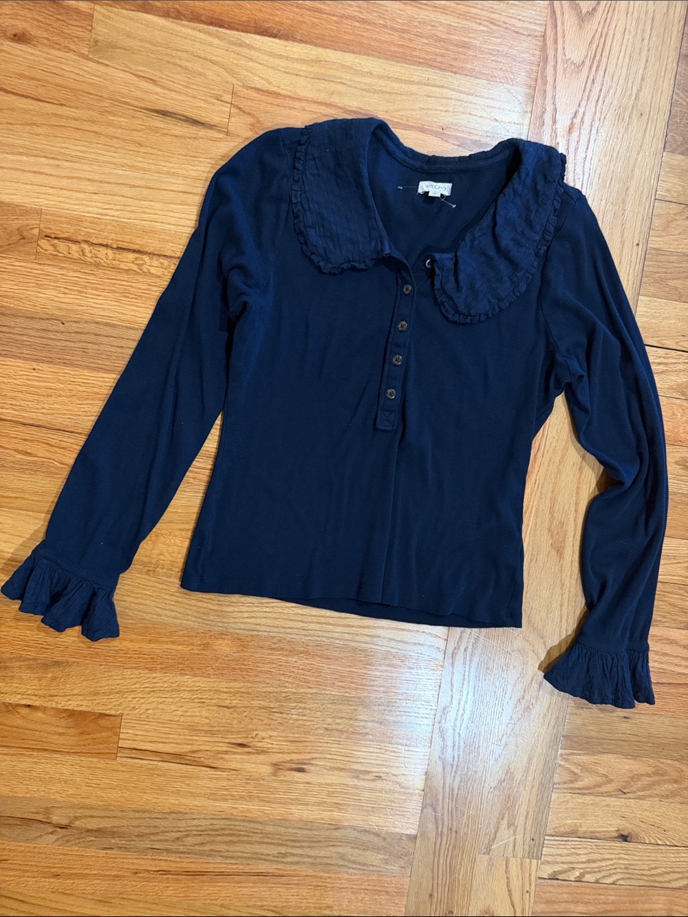 Pilcro Long-Sleeve Navy Ruffled Collar Top Large